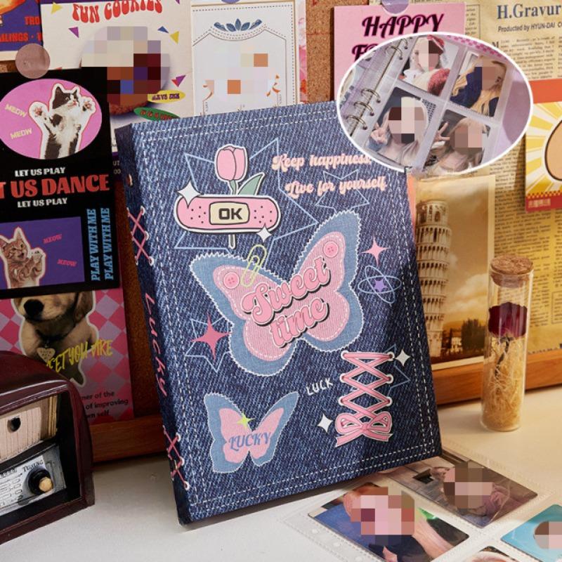 Y2K American Retro Pink Black Butterfly Card Альбом Эстетическая лазерная обложка Girl Kpop 3-дюймовая фотокарточка Сборник Книга 80 шт. Слот для карт