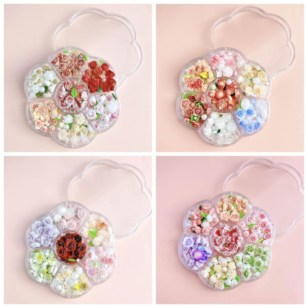 Pink Rose Flower Rose Nail Decorations Mixed Pearl Beads Rose Nail Rhinestones Nail Salon