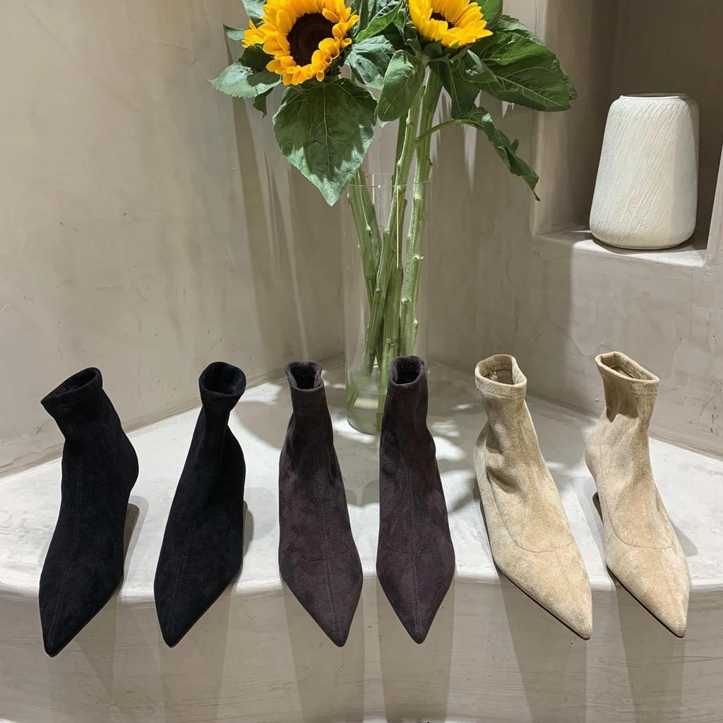 Винтажные ботильоны женские туфли модные с острым носком осень-зима на низком каблуке женские элегантные эластичные узкие короткие сапоги из флока