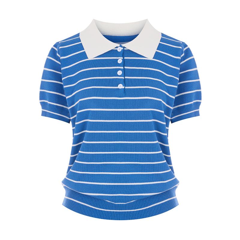 SELLY'S Striped Collared Short Sleeve Knit_I6B-Ckn009