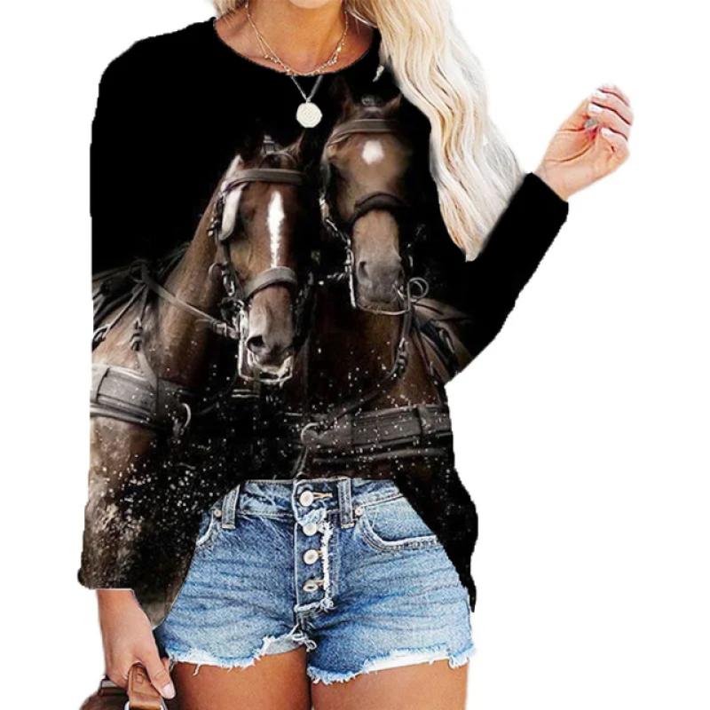 Толстовки с принтом в виде головы лошади с 3D-принтом, топ с длинным рукавом для женщин, новая весенняя одежда, толстовка с круглым вырезом, повседневная свободная женская одежда