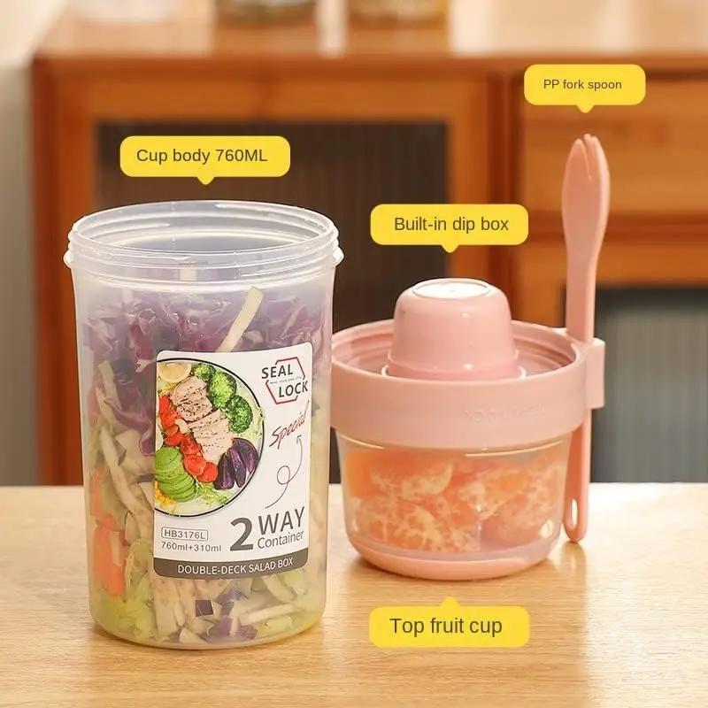 Breakfast Oatmeal Cereal Nut Yogurt Salad Cup Seal Container Set With Fork Sauce Cup Lid Bento Taper Bowl Lunch Box