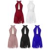 Womens Figure Skating Lyrical Dance Performance Costume Glittery Rhinestones Mesh Patchwork Sleeveless Dress Dancewear