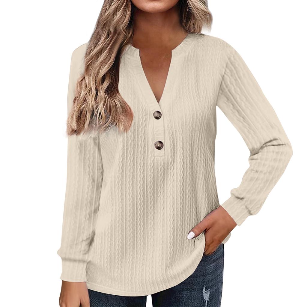 Женская мода с длинным рукавом однотонная футболка с v-образным вырезом и пуговицами повседневный топ с принтом