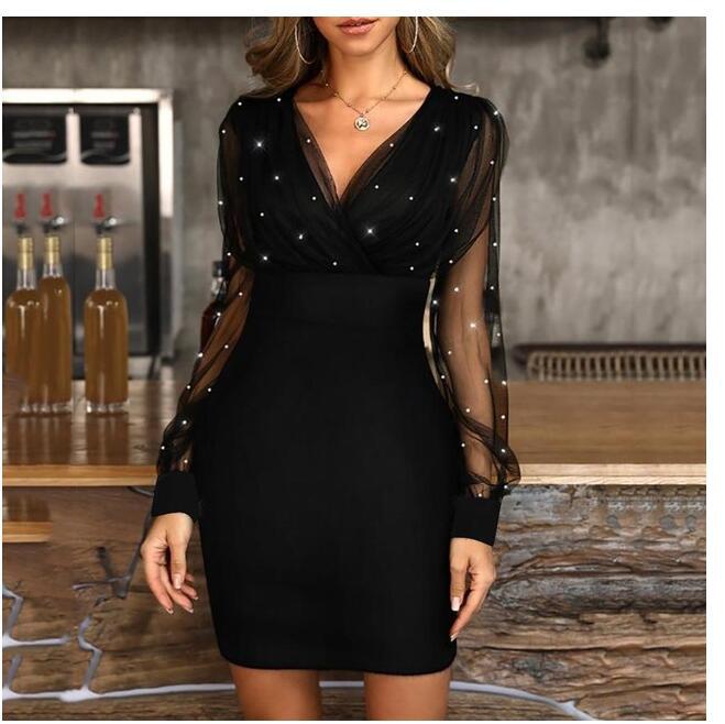 Mesh Stitching Shiny Dress Women Spring Sexy V-neck Slim Short Dress Party Long Sleeve Dresses Female Vestidos Elegant 18333