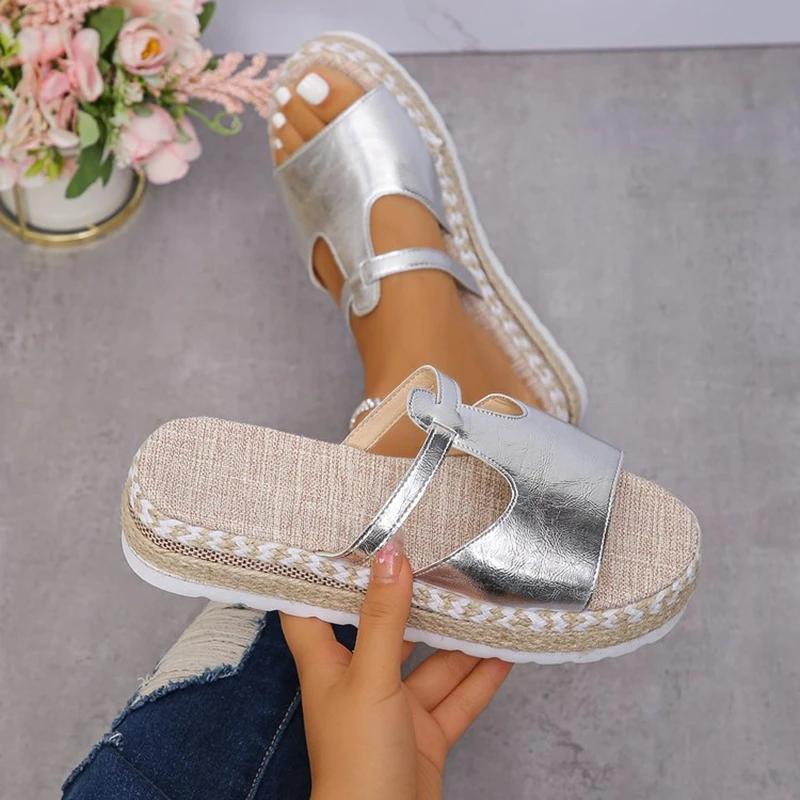 Модные сандалии-клинья с открытым носком для женщин, повседневные, большого размера, на платформе с подошвой из пеньковой веревки, на толстой подошве