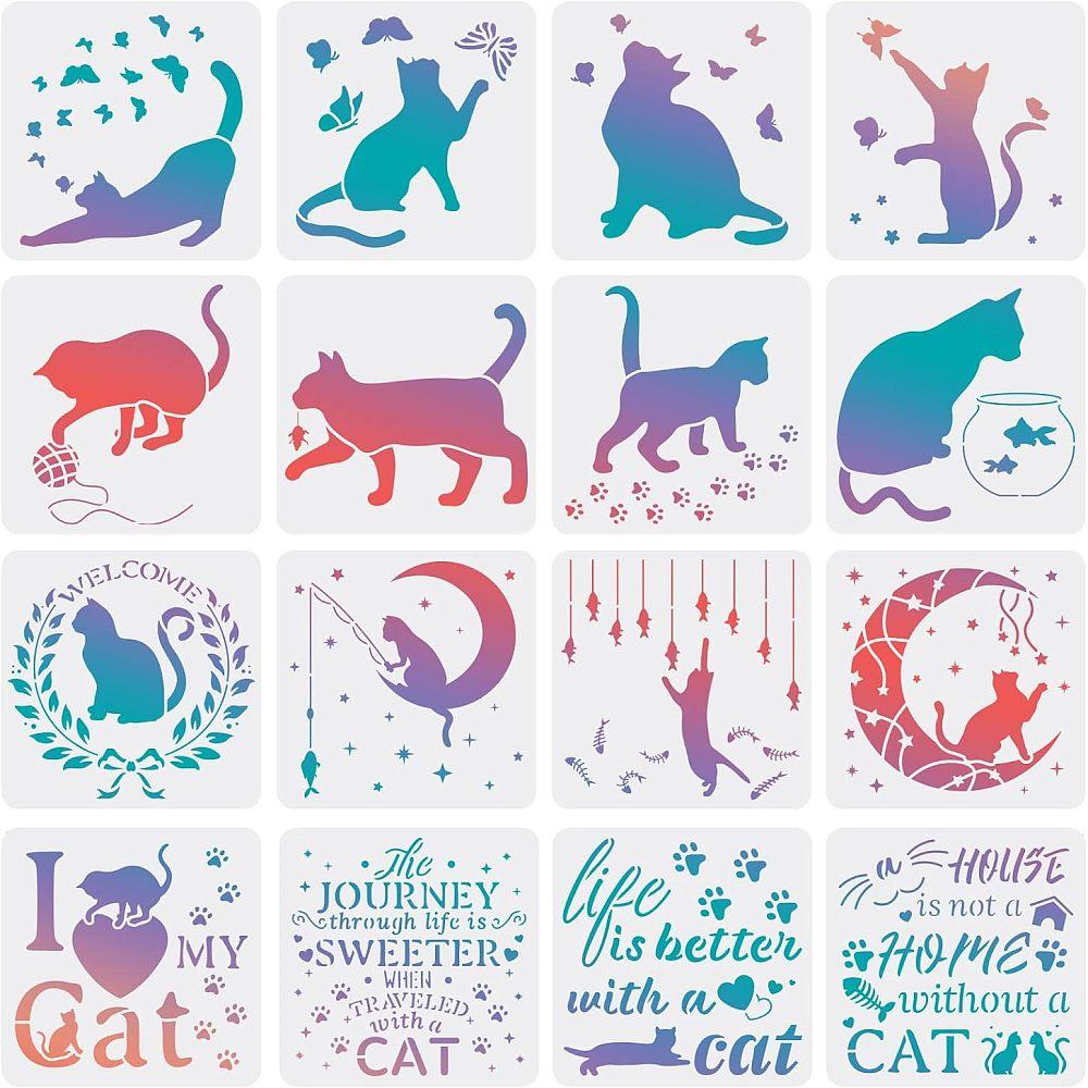 PET Hollow out Drawing Painting Stencils Sets, for DIY Scrapbook, Photo Album, Cat Pattern, 20x20cm, 16 style/set