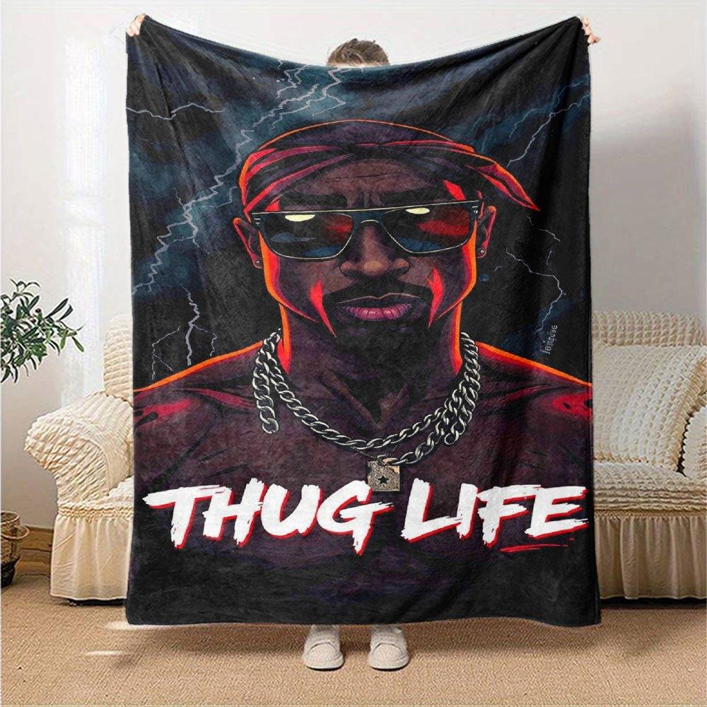 1pc 2PacHip Hop Blanket Soft Lightweight All Season Multi Purpose Throw for Sofa, Bed, Office & Picnics, French Style with Iconic Album Art & Quotes