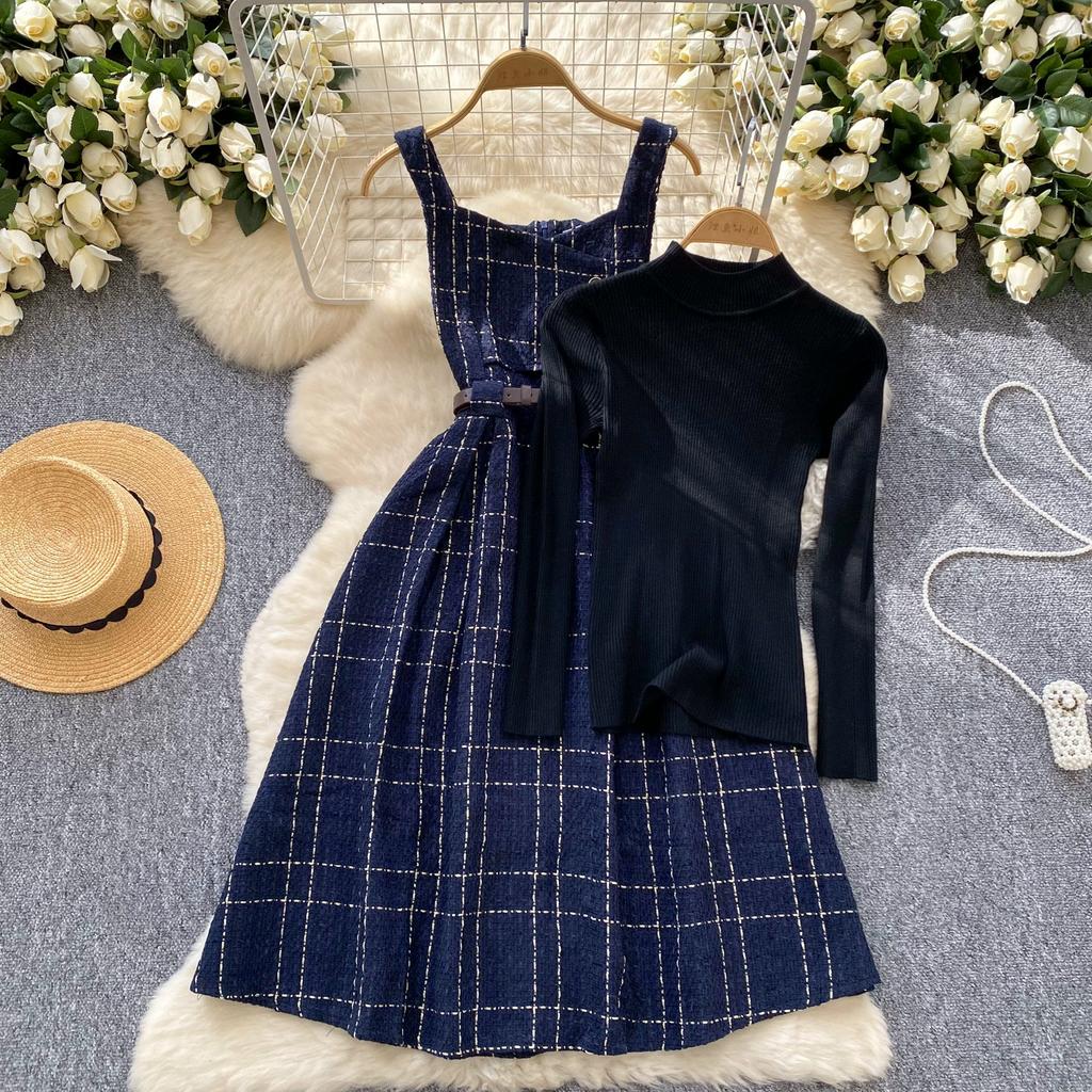 Осенне-зимний женский комплект свитер-платье, повседневный вязаный пуловер, топы + клетчатое твидовое платье, наряды из 2 предметов, женский с поясом