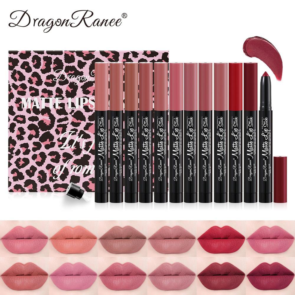 Dragon Ranee Набор из 12 цветов, губная помада, ручка, пельмени, бархатная поверхность Foggat, красная ручка с перьевым ножом, автоматический костюм для ручки с линией губ