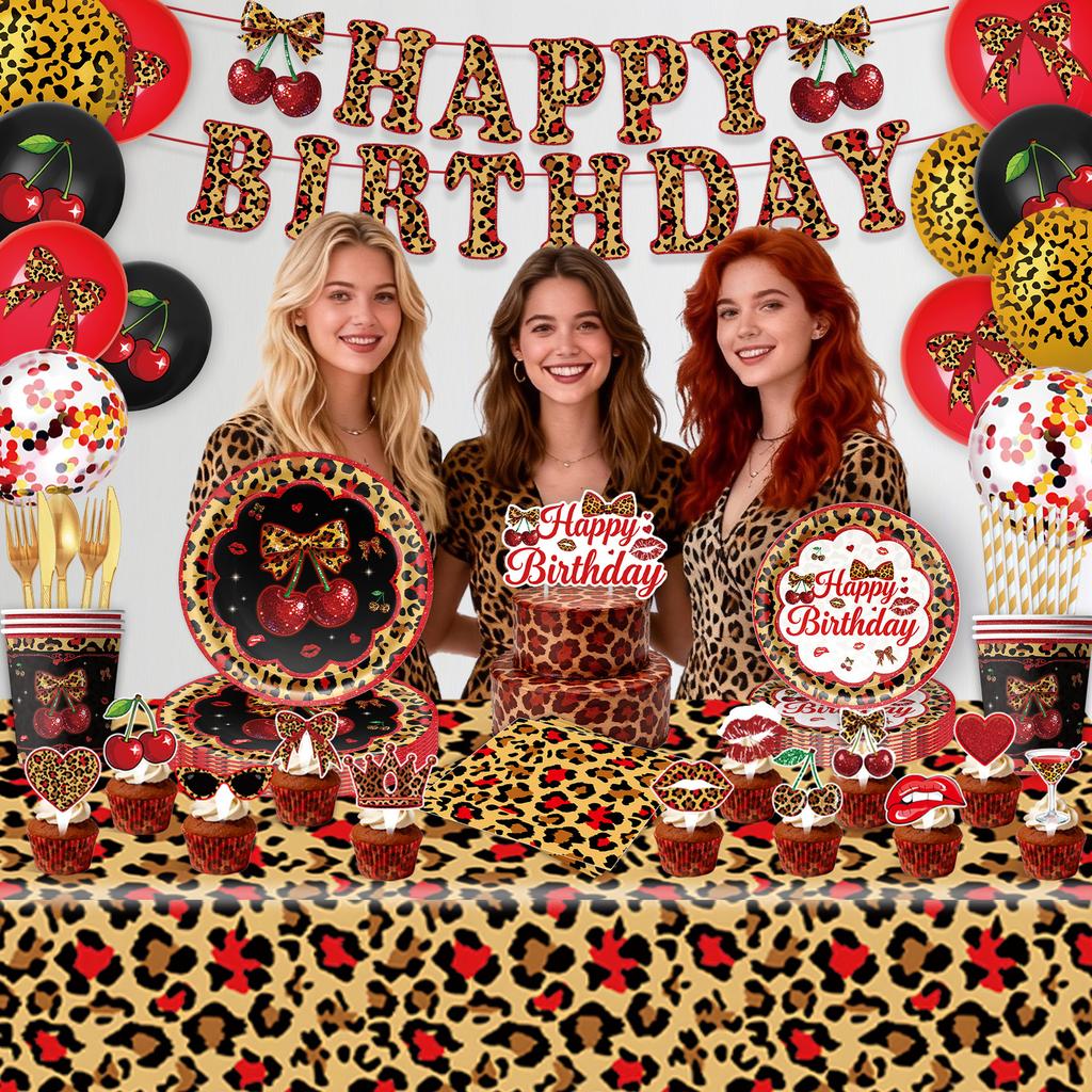 Pink Cherry Leopard Theme Birthday Party Decoration Plate Cup Balloon Banner Sexy Women Girls Shiny Photography Background Gifts