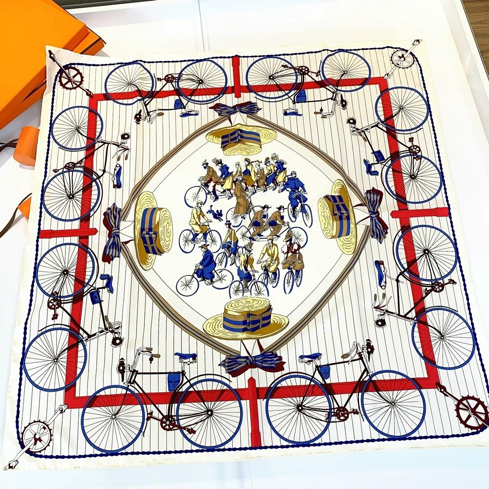 990CM Hand-Rolled Edge Bike And Hat Printed Square Scarf Sun Protection Twill Silk Shawl Women Luxury Handmade Curled Headscarf