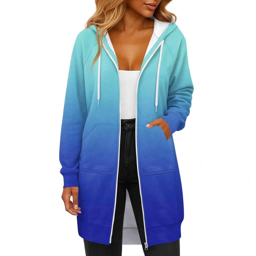 Women's Fashionable Printed Long Sleeved Drawstring Hooded Zipper Pocket Long Casual Sweatshirt Jacket