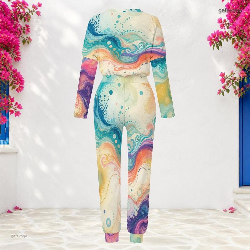 Women Plus Size Round Neck Long Sleeve Black Gold Printed Cuffed Top And Cuffed Pants Two Piece Set With Pockets
