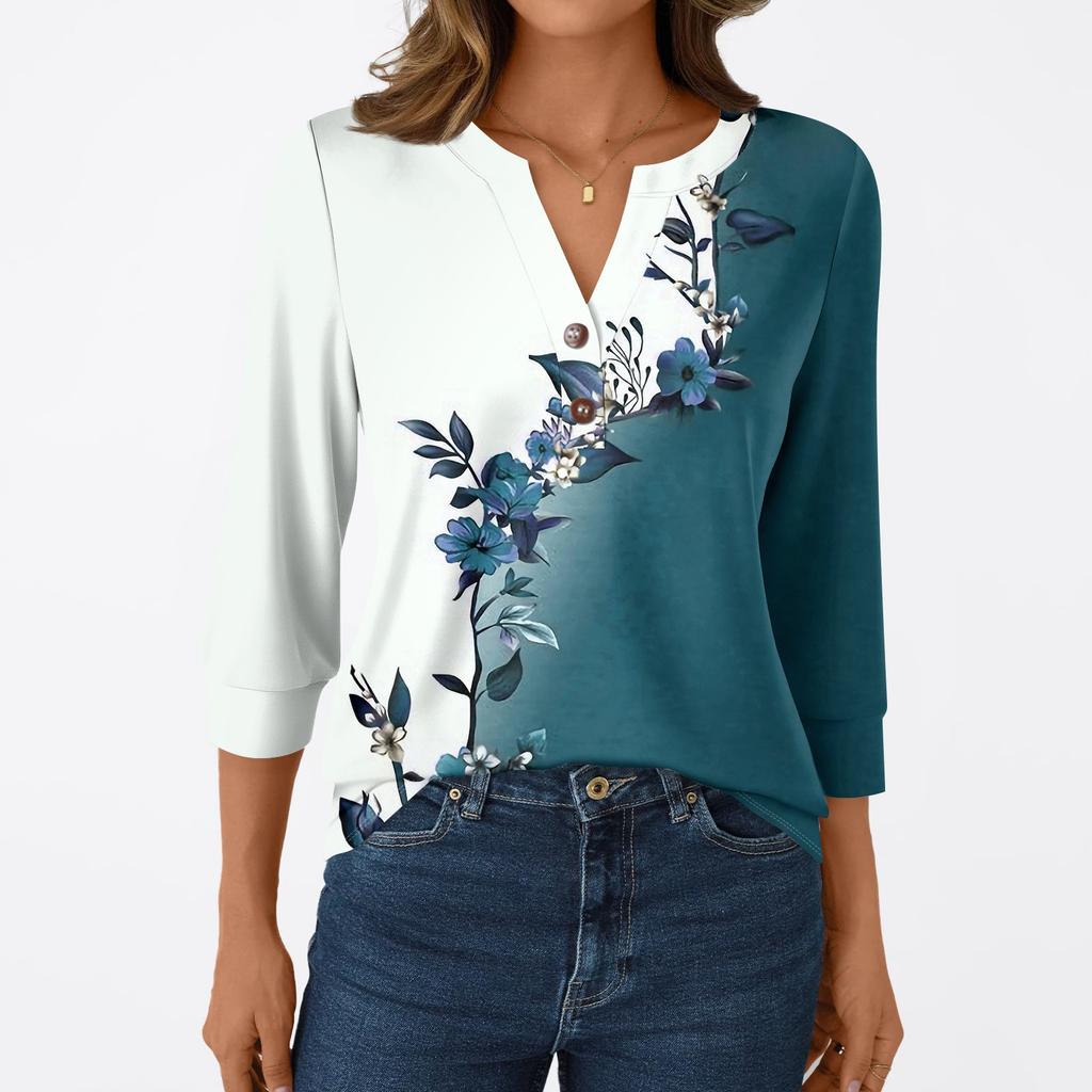 Женская модная повседневная футболка с рукавом 3/4, с принтами, V-образным вырезом и пуговицами