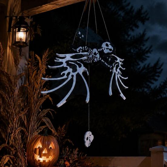 Dark Gothic Home Decor 2 Pcs Pull-to-Move Winged Skeleton Halloween Decoration, Plastic Wind Spinner Spooky Yard Hanging Props with Movable Joints for