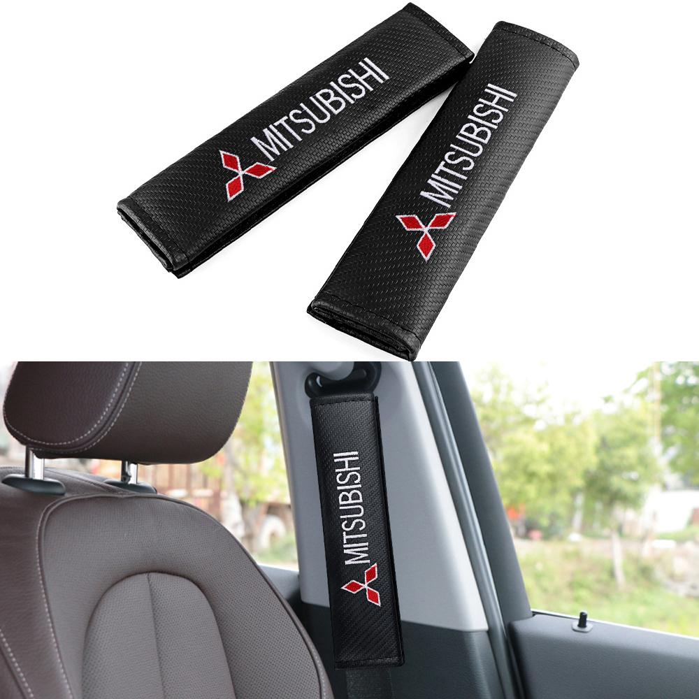 lqjn6 1/2Pcs Mitsubishi Logo Leather Seat Belt Shoulder Cover Protection Pads For X EX L200 Colt Outlander Pajero Lancer Eclipse Cross