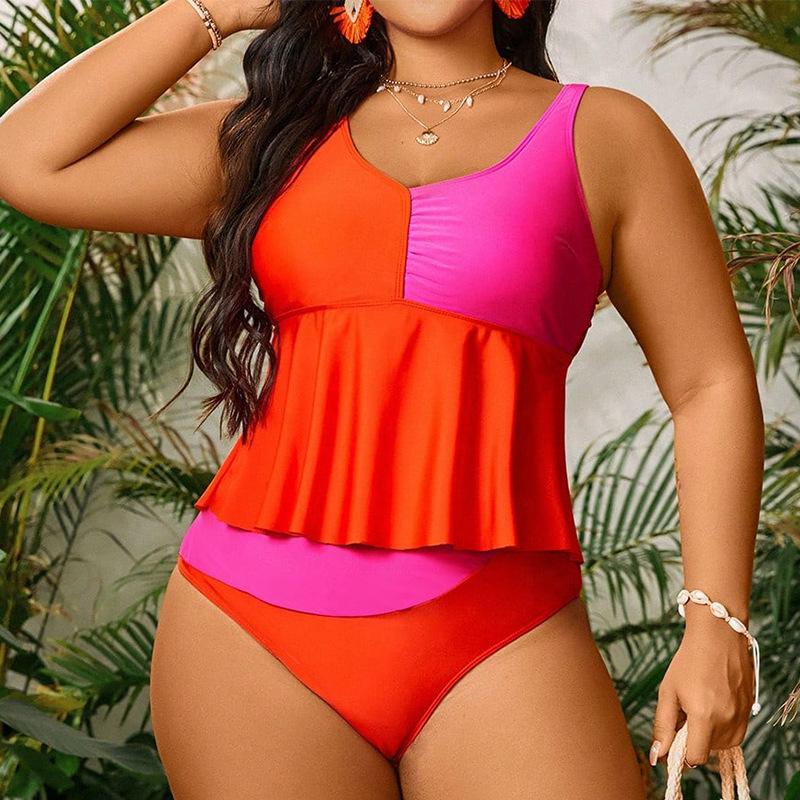 2025 однотонный лоскутный купальник из 2 предметов большого размера танкини для женщин с завязками и высокой талией, пышный купальник для леди, пляжный большой купальный костюм