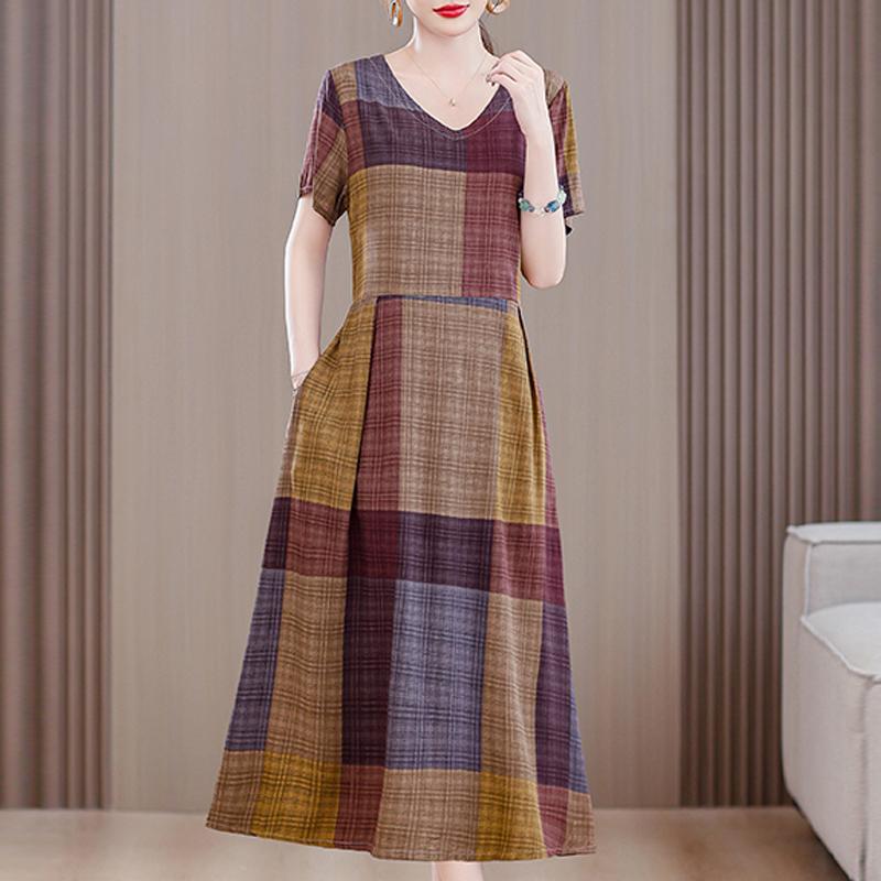 Длинное платье с винтажным принтом для женщин, повседневное летнее платье больших размеров с коротким рукавом и поясом, одежда для женщин среднего возраста