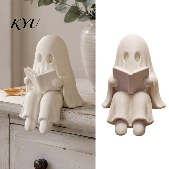 Статуэтка-призрак, читающий книгу, 3D-печать из смолы, Декор на Хэллоуин, Сидящая на полке фигурка, Миниатюрная милая жутковатая фигурка для книжной полки,