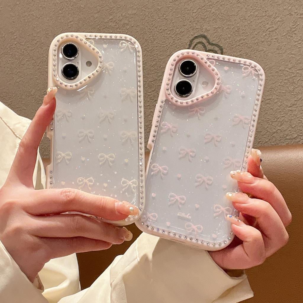 For iPhone 16 Case Epoxy Design TPU+PC Phone Cover with Bowknot Pattern,Rhinestone Decor