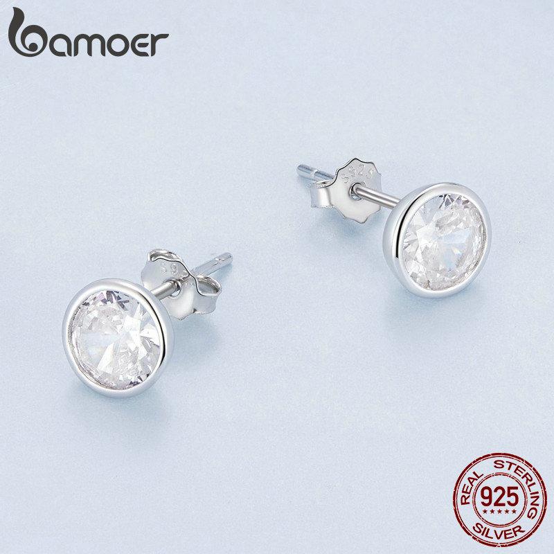 BAMOER Сверкающее серебро 925 пробы, сверкающие серьги-гвоздики, серьги-гвоздики с ободом, серьги с цирконом для женщин, ювелирные изделия на помолвку, подарок