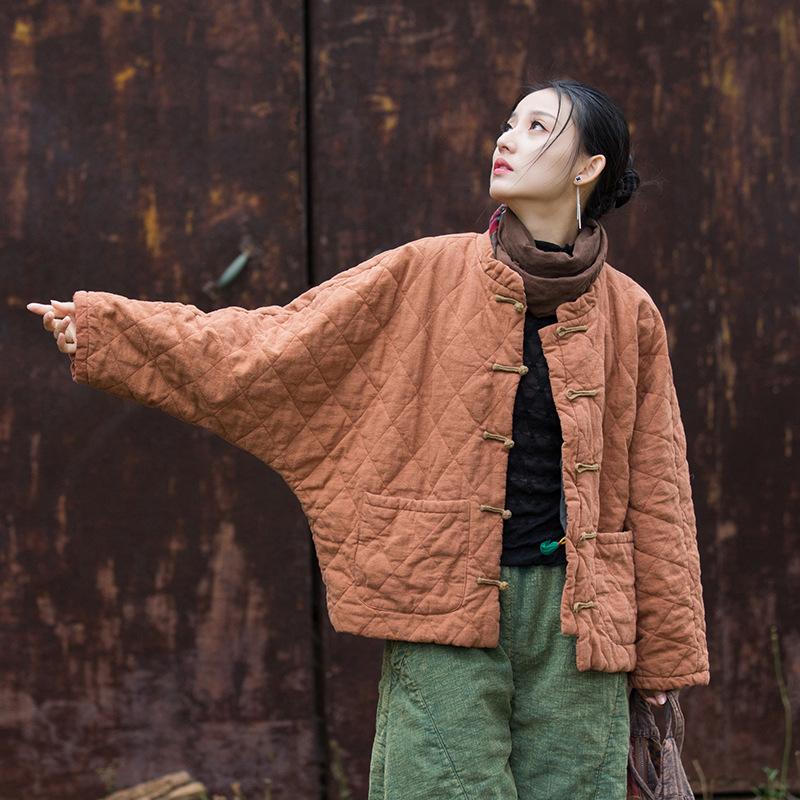 Johnature Женские винтажные зимние пальто с длинным рукавом и пуговицами, однотонные карманы, женские пальто в китайском стиле