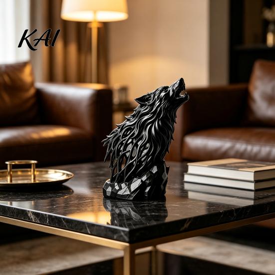 Geometric Wolf Figurine Howl Sculpture, Gothic Wildlife Home Decor, Howling Statue Industrial Style Desk Decor with Rock Base, Rustic Animal