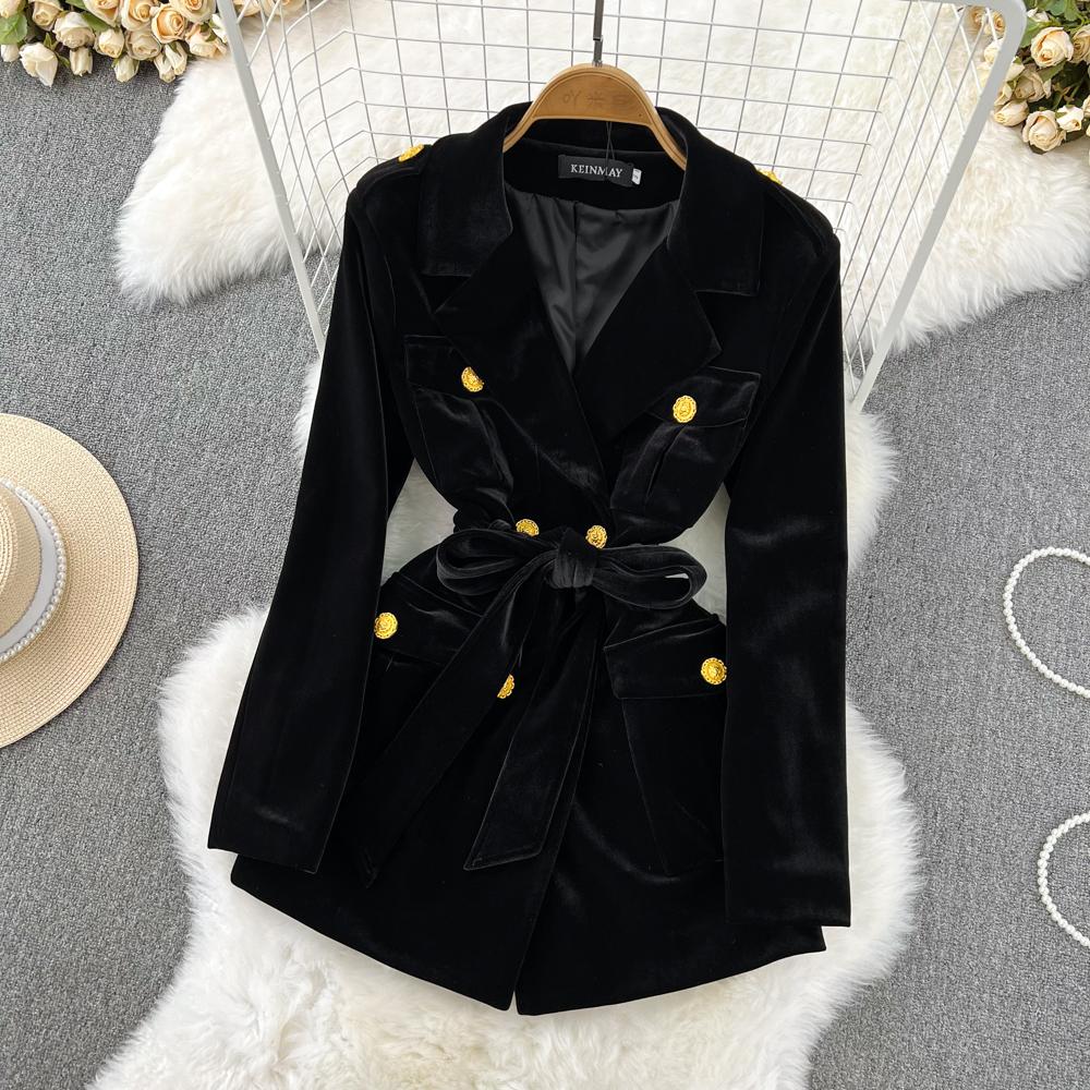Осенне-зимний черный бархатный пиджак в стиле Хепберн, женский двубортный пиджак с надрезом, верхняя одежда