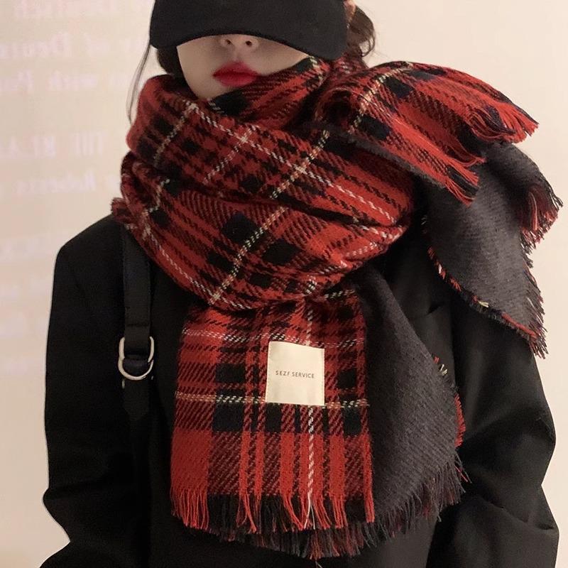 Korean Style Women's Red Plaid Winter Scarf - Warm & Thick Shawl