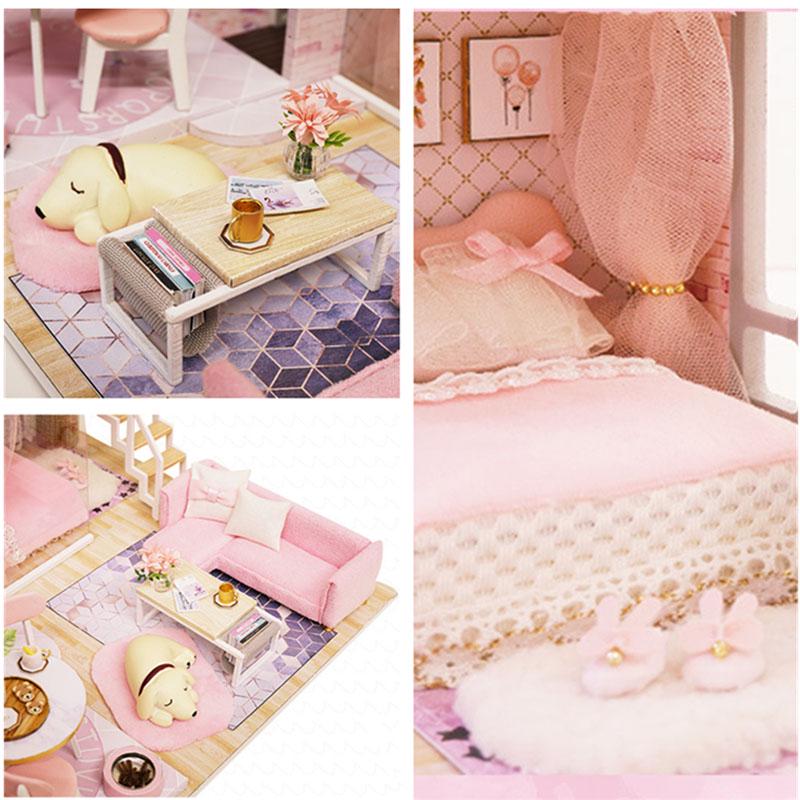 Miniature Pink Dream House Dollhouse With Furniture Kits Wooden Dolls House LED Lights Accessories