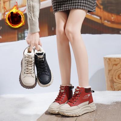 Женские зимние теплые ботинки на толстой платформе, ботильоны из искусственной кожи с подкладкой из искусственного меха, нескользящие короткие ботинки на шнуровке с флисовой подкладкой, женская обувь