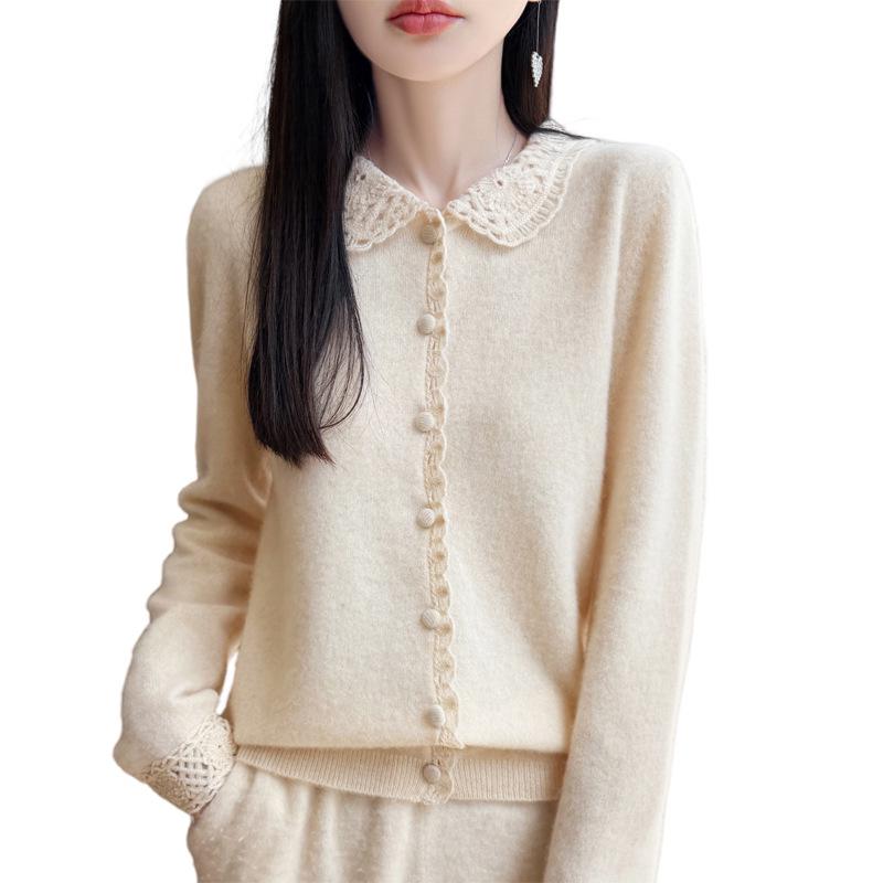 Autumn/Winter 2026 Pure Wool Polo Neck Crochet Knit Cardigan Sweater