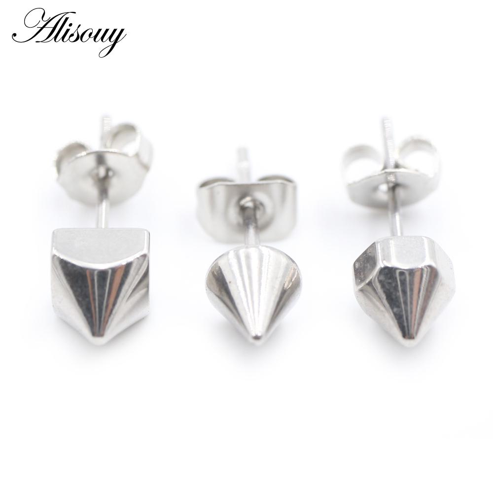 Alisouy 2 шт., нержавеющая сталь, крест, шестигранный конус, шип, квадратные, круглые, серьги-гвоздики, пирсинг козелка, поддельные, конусные, для мужчин и женщин