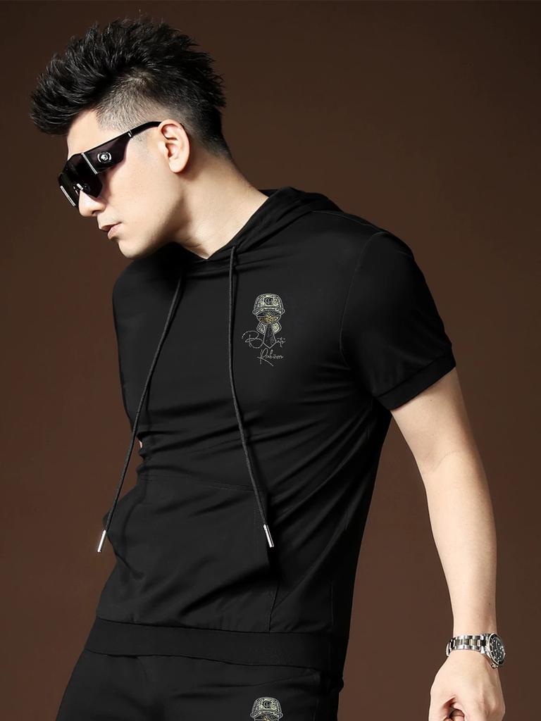 Ozhouzhan Men's Blazer Hood Short sleeve T-shirt Summer New Little Buddha Hot Drilling Half Sleeve Hoodie T-shirt