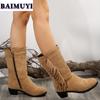 Fringe Women Snow High Boots High Heels Shoes 2025 Trend Suede Chunky Zipper Mid-calf Chelsea Boots Casual Pumps Mujer Botas