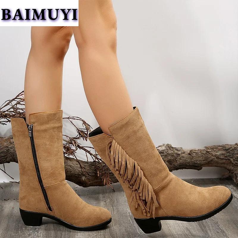 Fringe Women Snow High Boots High Heels Shoes 2025 Trend Suede Chunky Zipper Mid-calf Chelsea Boots Casual Pumps Mujer Botas