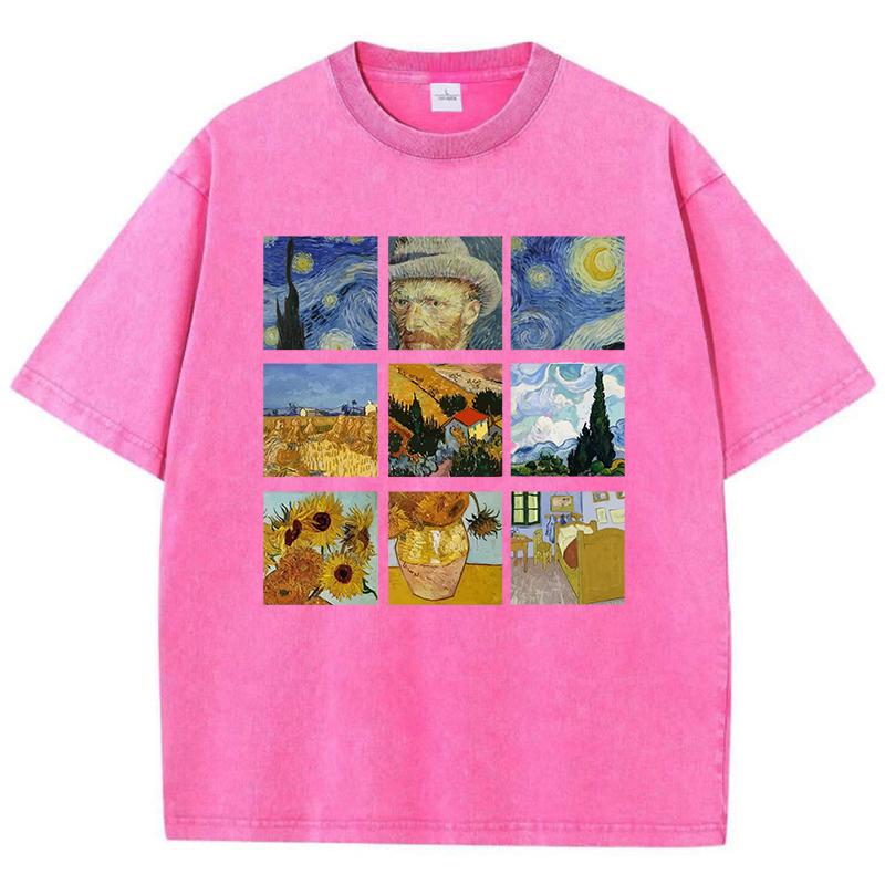 Футболки женские из хлопка стираные Футболки с принтом «Звездная ночь и подсолнухи Ван Гога» Футболки с потертостями и круглым вырезом, свободные топы
