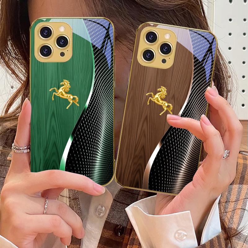 Деревянная текстура Золотая Лошадь Для iPhone 16 Pro Max 15 P ro 14 13 Plus 12 Mini 11Pro Max XS Max XR Золотой чехол для телефона из закаленного стекла