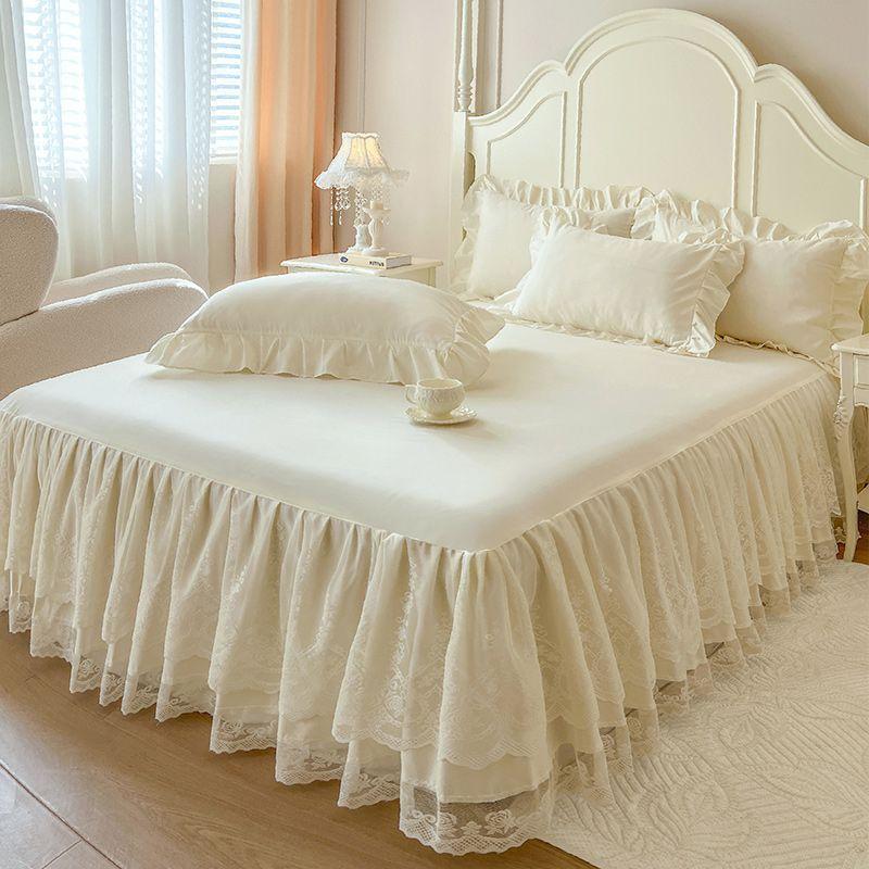 Комплект из 3 предметов однотонной двухслойной кружевной вышитой юбки для кровати с 1 шт. юбки для кровати + 2 шт. наволочек, легко снимаемый чехол-протектор для матраса