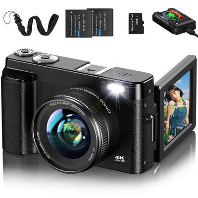 Цифровая камера Lecnippy 4K с 32 ГБ Micro SD, вращающаяся, 16-кратное увеличение изображения, селфи, большая красота, два 52-мм УФ-фильтра, идеальный подарок на день или Новый год, зарядное устройство в комплекте