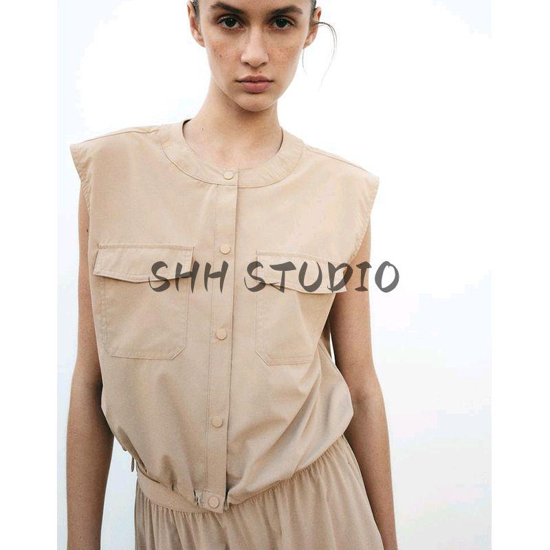 Spring and Summer New Women's Clothing French Press Ornament Minimalist Elastic Hem Round Neck Sleeveless Vest 8351025