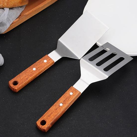 Stainless Steel Frying Spatula Set with Wooden Handle Heat Resistant Solid Turner