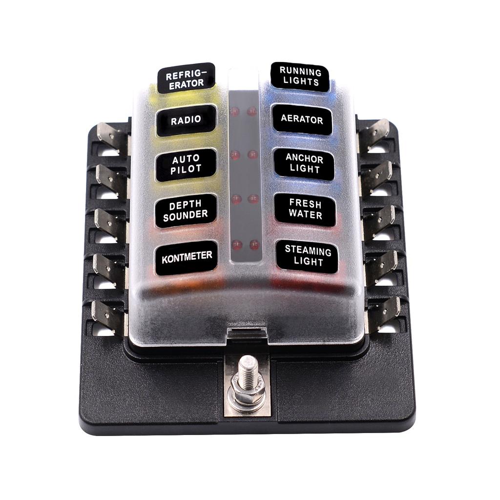 PC Terminal Block Type, 1 In 10 Out Fuse Boxes for Cars, RVs, and Ships, with LED Lights, 12-32V