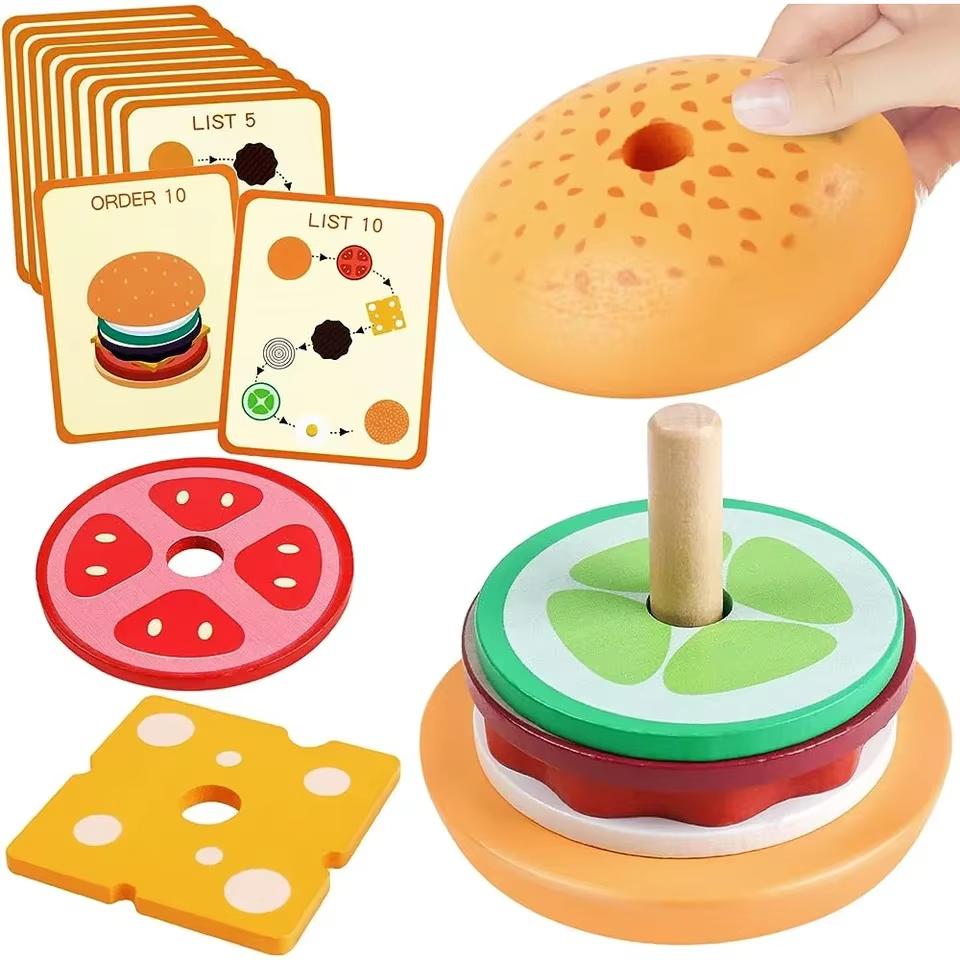 Montessori Educational Wooden Hamburger Sandwich Stacking Toy - Preschool Toddler Toy for Fine Motor Skills & Kitchen Pretend Fo