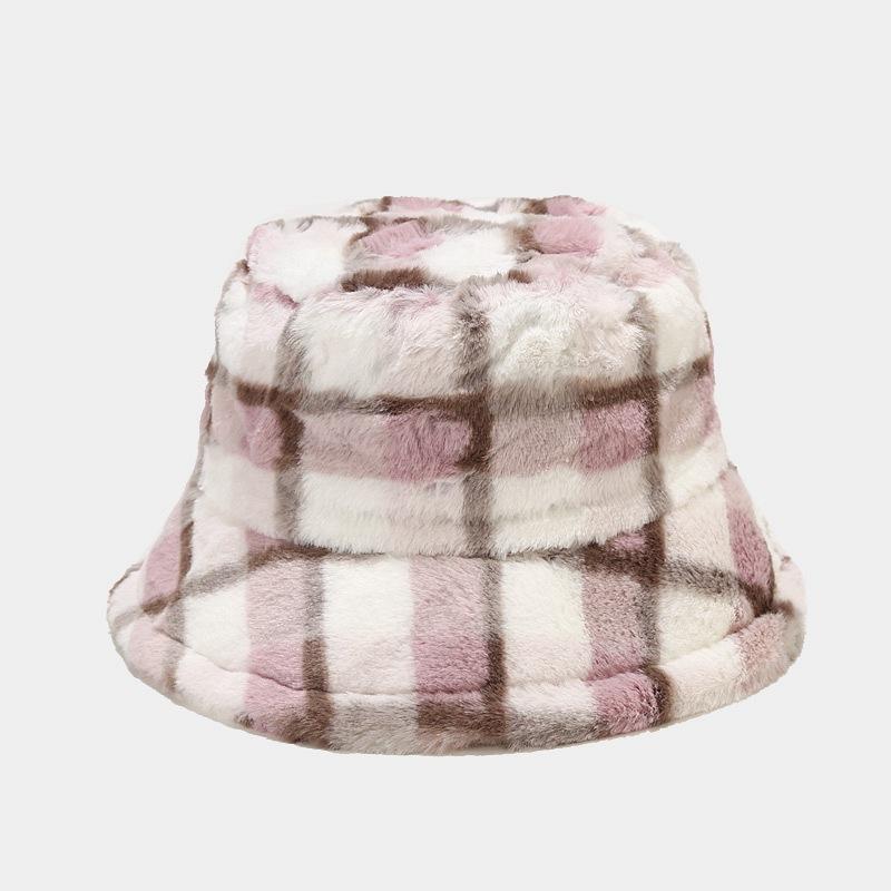 Women S Plaid Faux Fur Bucket Hat Winter Warm Outdoor Casual Hat