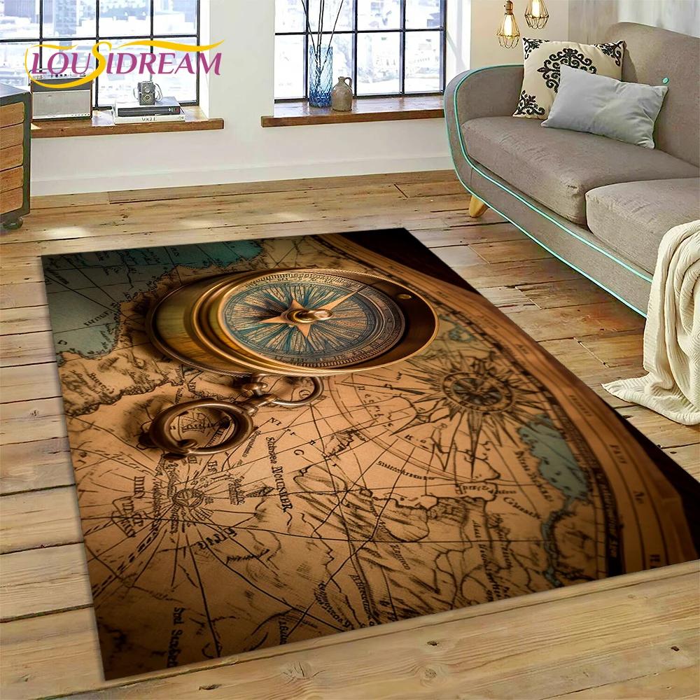 Древняя морская карта Карта мира Компас Ковер для гостиной Спальня Декор, напольный коврик Нескользящее украшение для дивана Коврик
