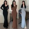 Woman's Dress Square Neck Bodycon Long Dress Solid Color