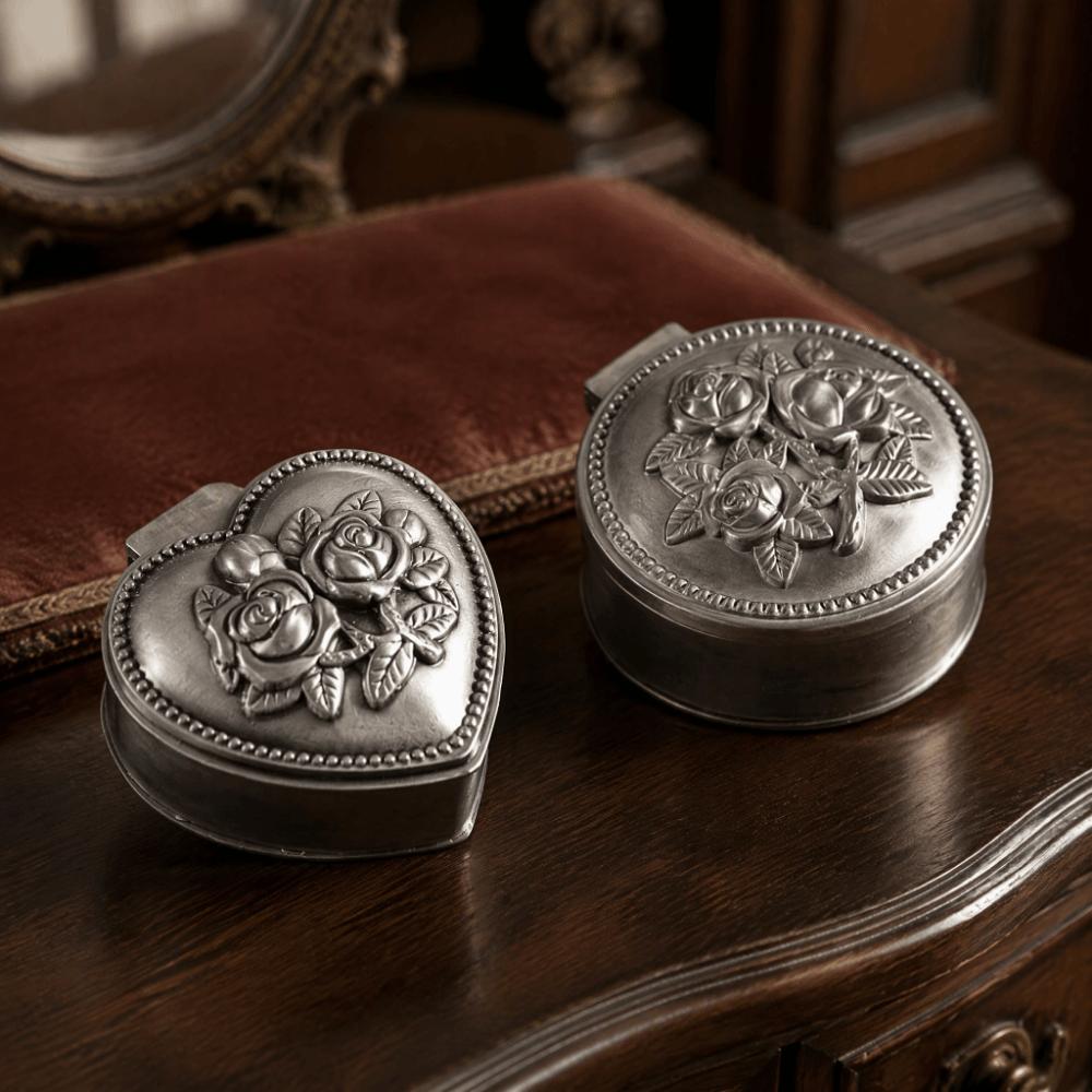 2pcs Metal Construction Trinket Storage Box Rose 3D Embossment Jewelry Organizer  Bedroom Use