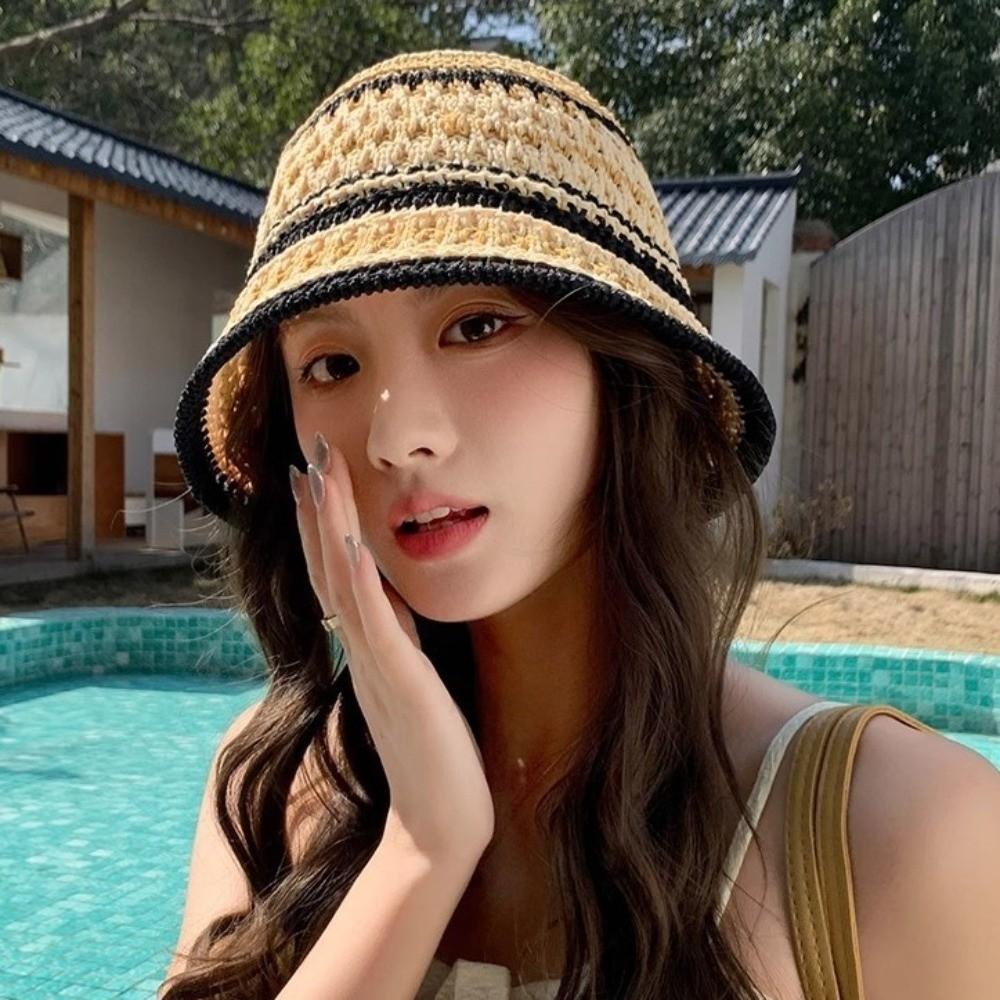 Temperament Knitted Bucket Hat Stripe Sun Protection Cap Fashion Fisherman Hat Daily